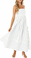 Women's Striped Back Smocked Maxi Dress Sexy Spaghetti Strap Cut Out Flowy Swing Long Dress