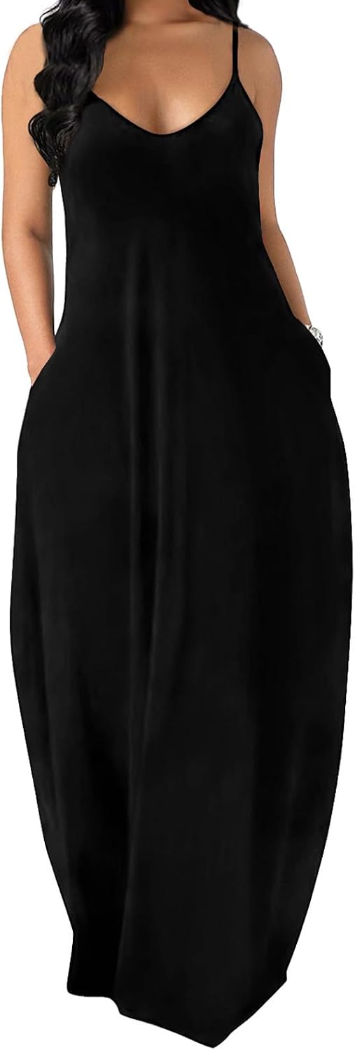 Women's Maxi Dresses Summer Spaghetti Strap Dress with Pockets