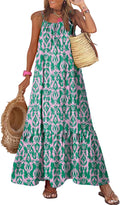 Women Summer Dresses Spaghetti Strap Scoop Neck Smocked Ruffle Flowy Boho Maxi Dress