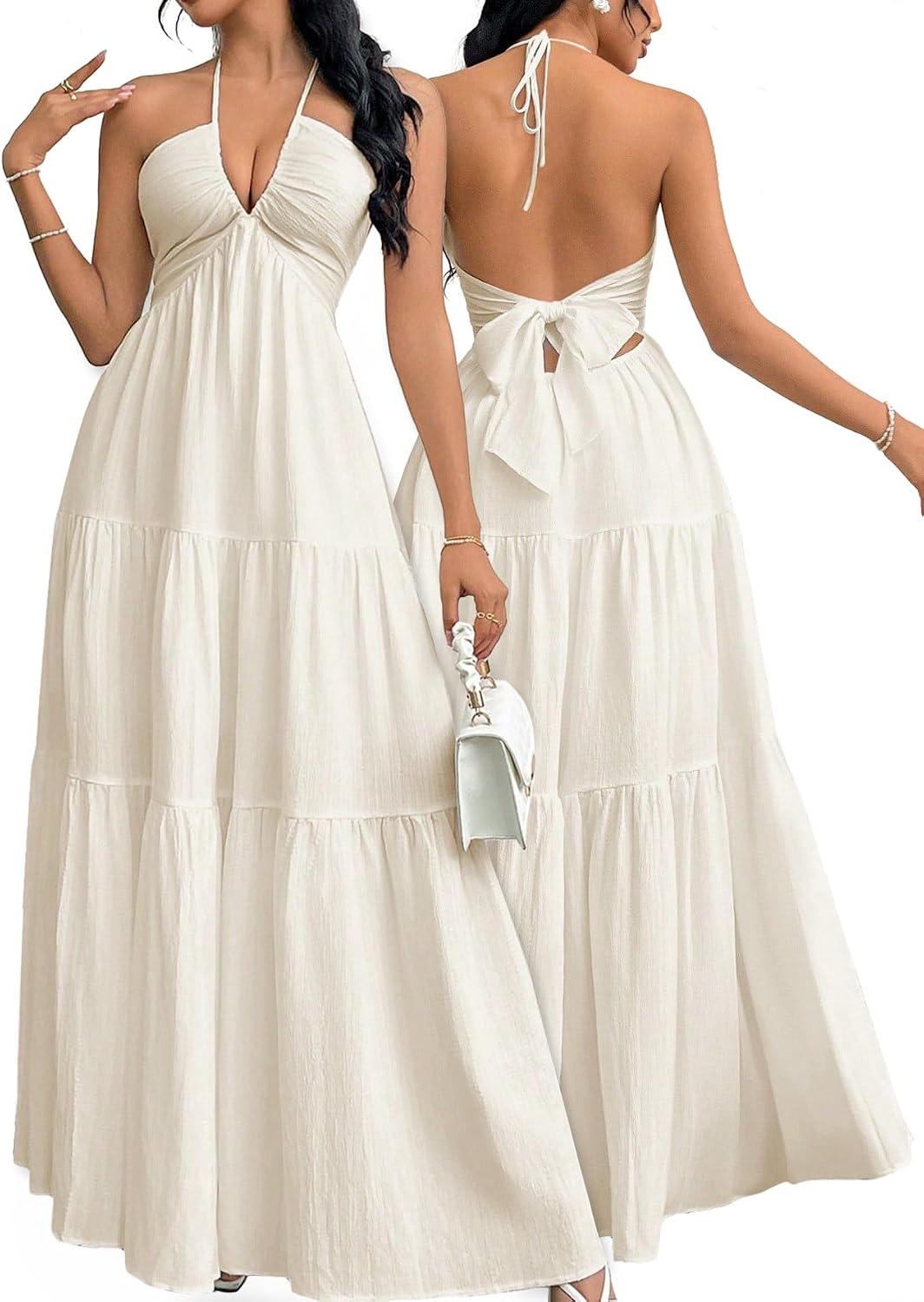 Women's Maxi Summer Dresses Halter V Neck Beach Dresses for Women A Line Casual Dress for Vacation