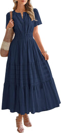 Womens Summer Casual Midi Maxi Dresses Lightweight Short Sleeve V Neck Elastic Waist Boho Beach Dress Pockets