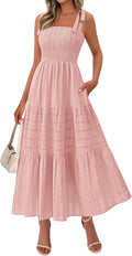 Women's Spring Boho Spaghetti Strap Dress Casual Sleeveless Smocked A Line Beach Sundress Long Maxi Dresses